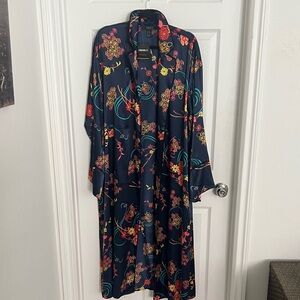 Forever 21 Navy Floral Satin Robe with Red & Yellow Accents
